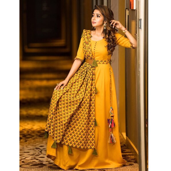 Designer Yellow Color Stylish Haldi Gown With Chanderi Dupatta Designer Dress