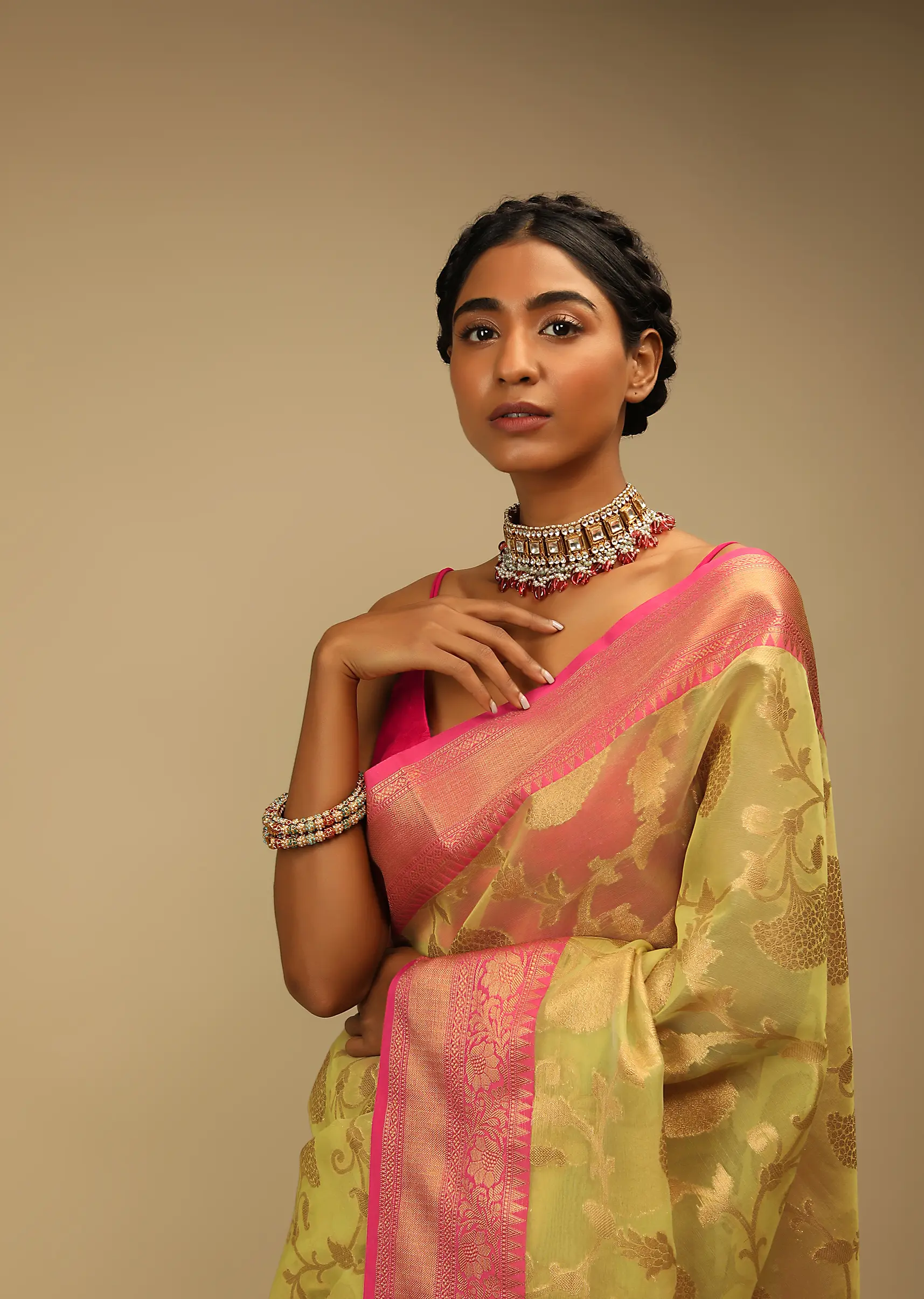Celery Green Saree In Organza Silk With Golden Brocade Woven Floral Jaal And Magenta Border Design - Image 4