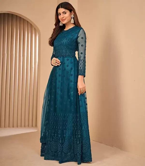 Embroidered Net Semi Stitched Anarkali Gown  (Blue) Free Size - Image 3
