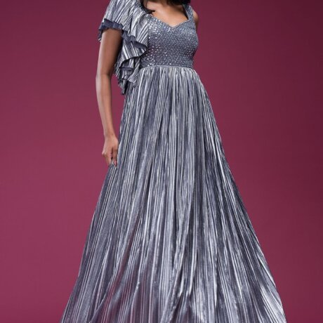 Grey Mirror Embroidered Silk Evening Gown