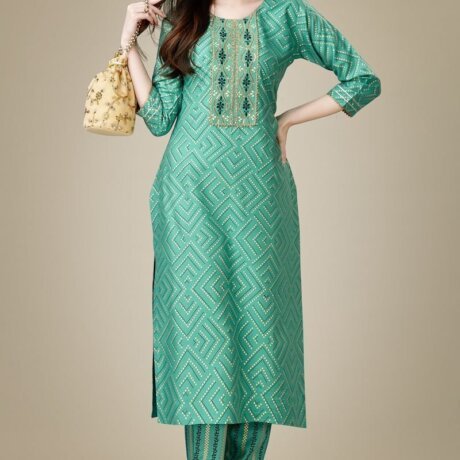Radiant Sea Green Color Rayon Fabric Readymade Kurti With Pant