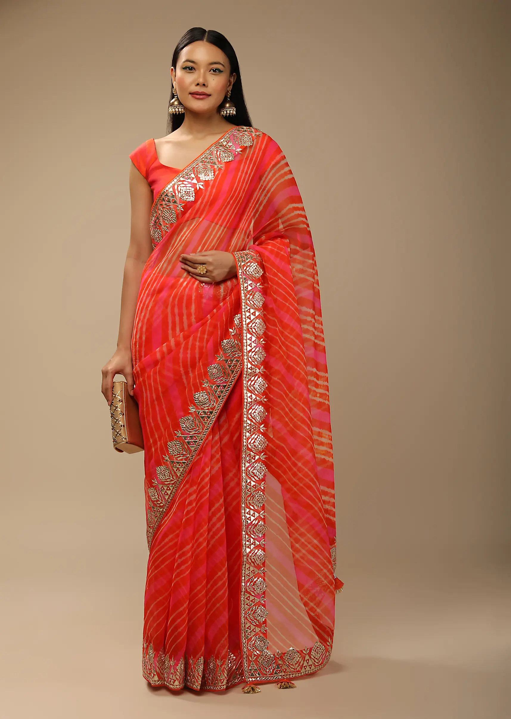 Orange And Fuchsia Dual Toned Saree In Organza With Lehariya Print And Gotta Patti Embroidered Geometric Floral Border
